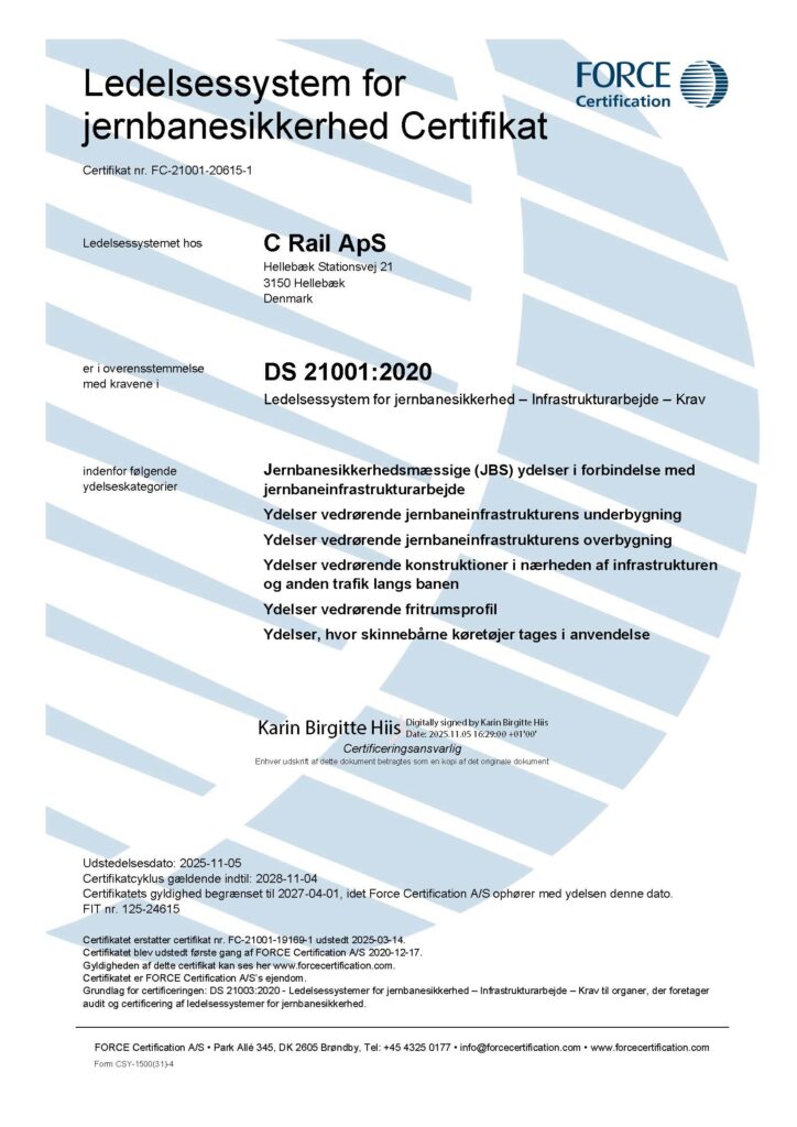 Certifikat FC 21001 20615 1 C Rail ApS 2025 11 05 Mandskabsudlejning til jernbanen